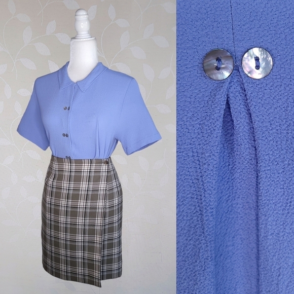 Vintage 90s Crepe Drapey Shell Button Front Short Sleeve Collared Blouse Blue S - Picture 1 of 14